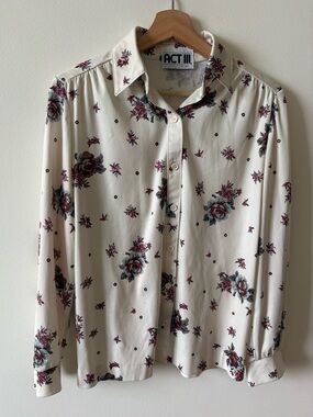 Vintage ACT III Floral Button-down Western Blouse Cream with Mauve Teal Flowers
